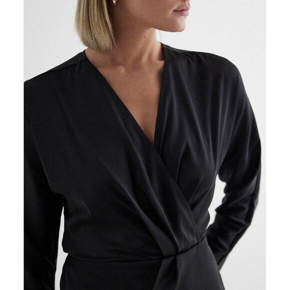Express Women's Satin Draped Top Size XS Black Long Sleeves Faux Wrap NWT $58 - Picture 2 of 16